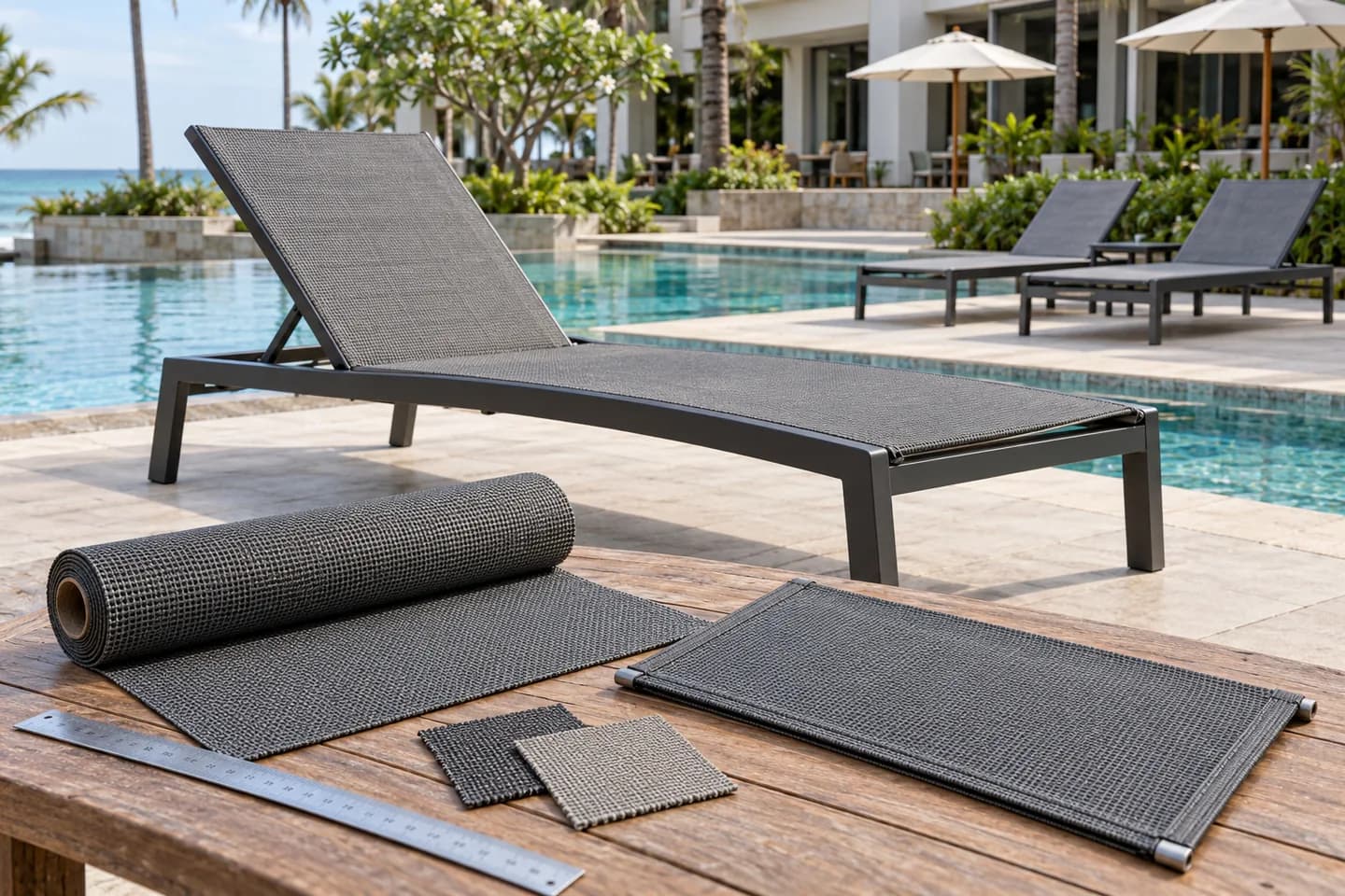 AI-generated resort scene with a mesh sling lounger, replacement panels, fabric roll and swatches beside a swimming pool