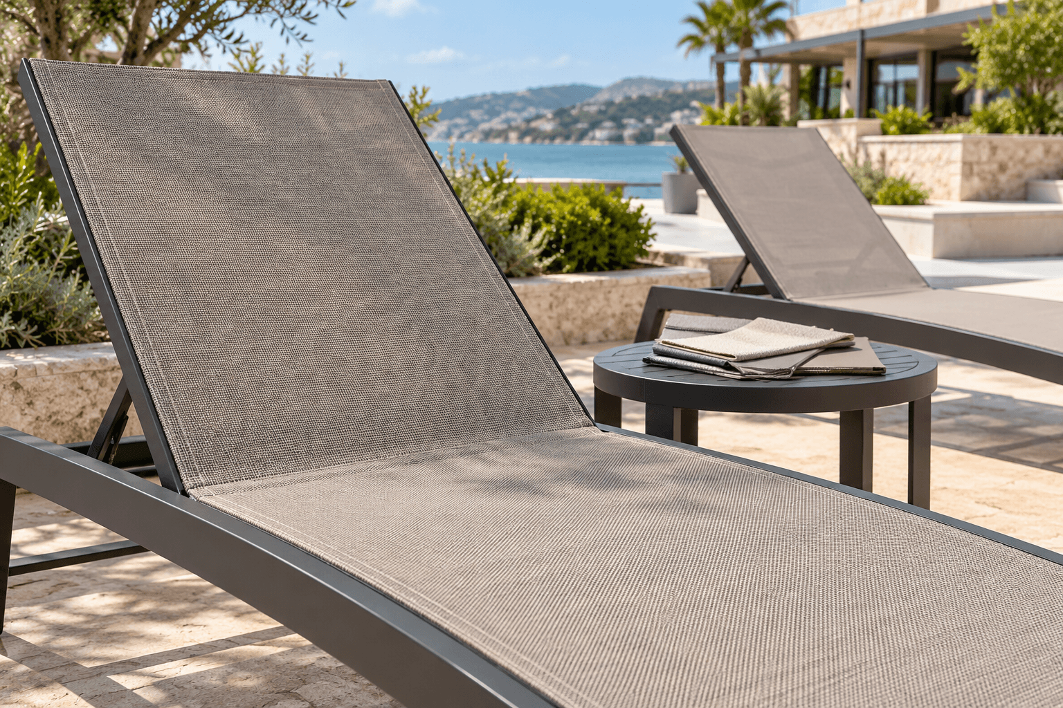 PVC-coated polyester sling loungers and small material samples arranged for an outdoor furniture documentation review