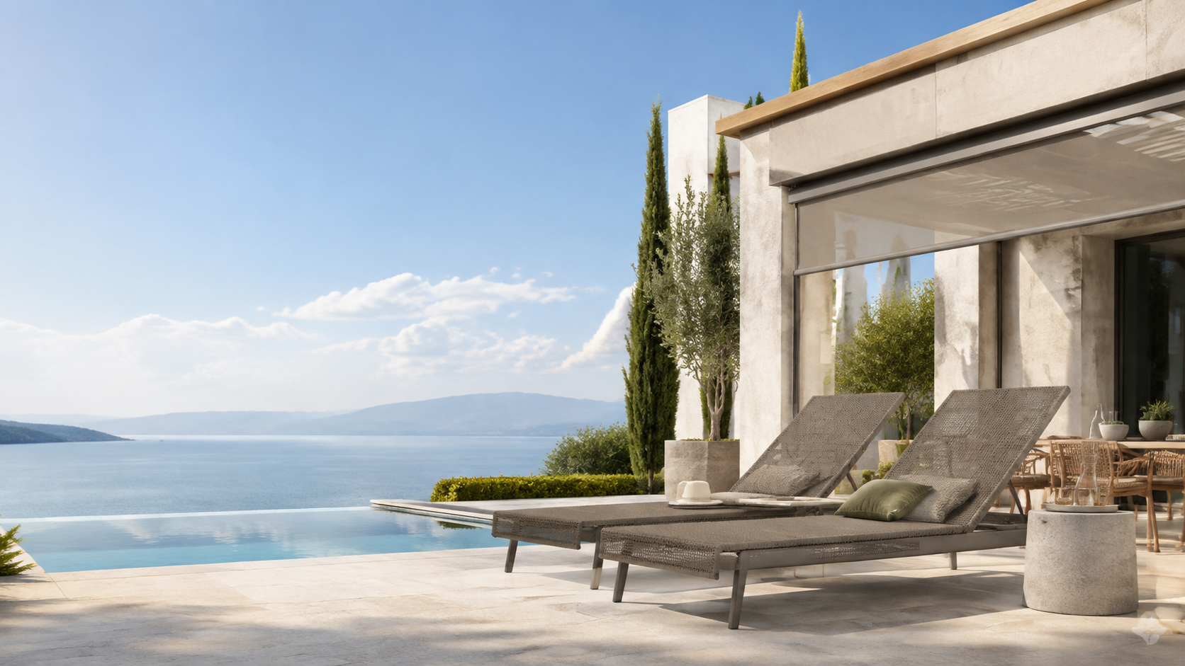 Premium woven mesh loungers beside a pool and modern villa