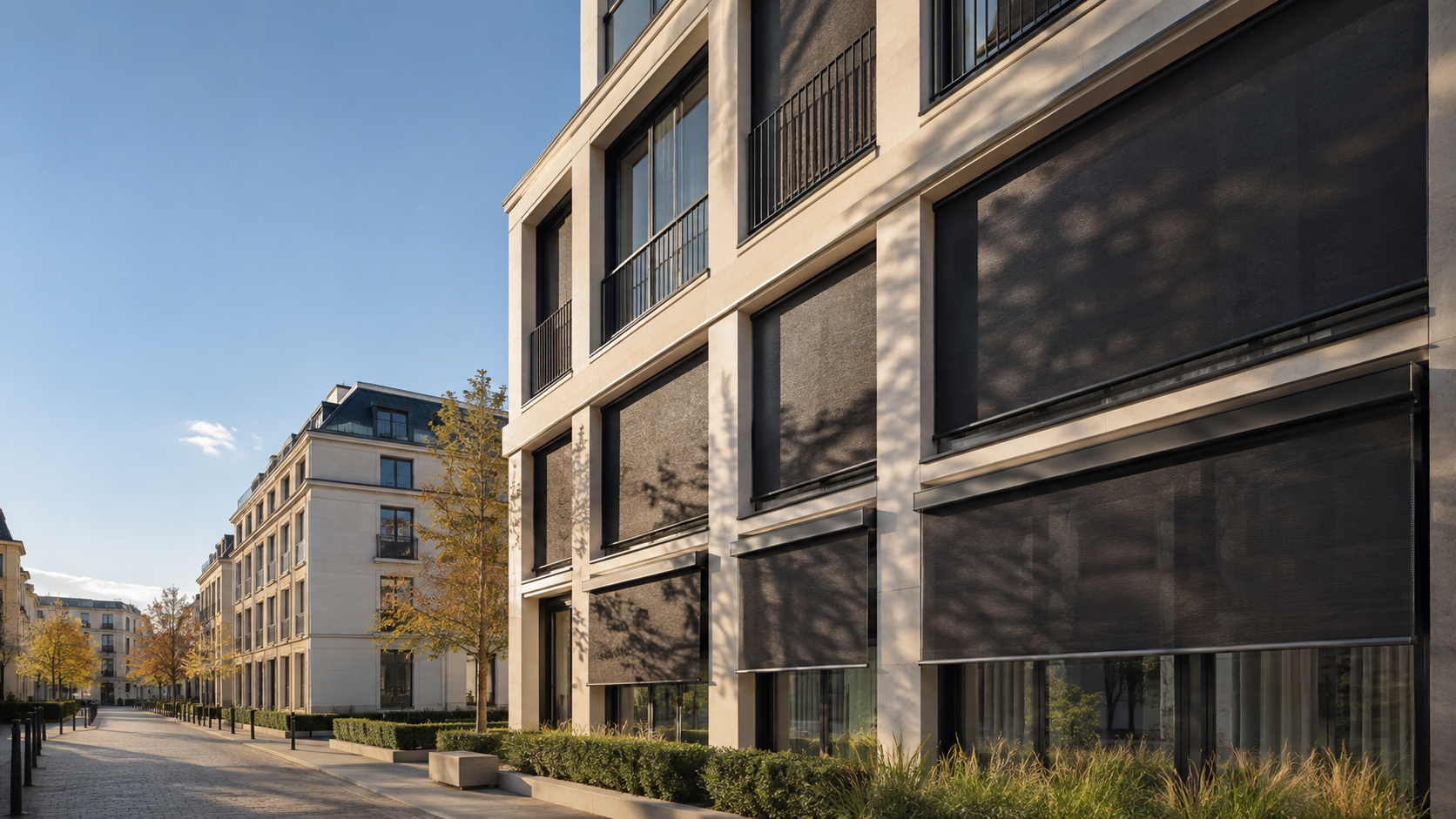 Dark woven exterior roller shade fabric fitted to modern building windows