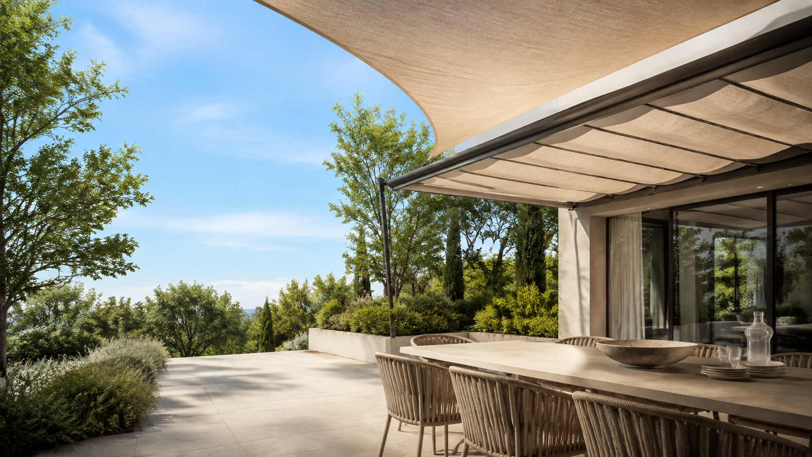 Woven fabric shade canopy and awning over a modern outdoor dining patio